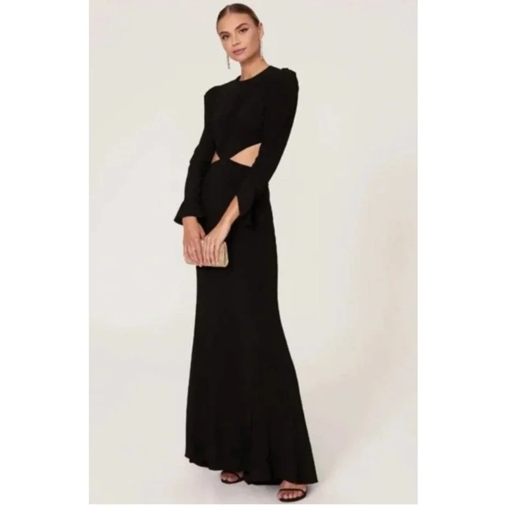 NWT Mac Duggal 67944 Black Long Sleeve Puff Shoulder Cut Out Gown Size 6 $398